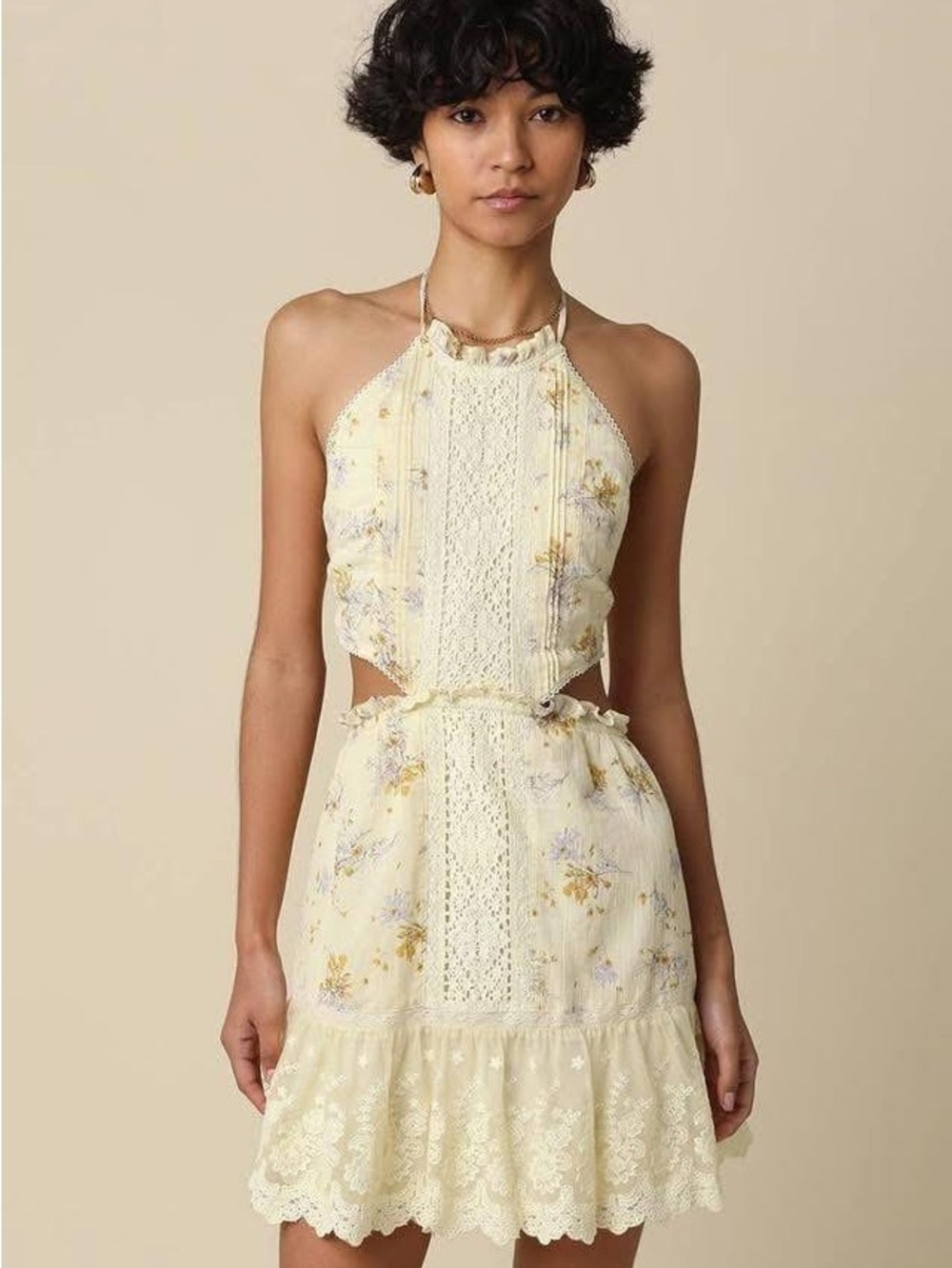 Olivaceous Pale Yellow Floral Halter Mini Dress